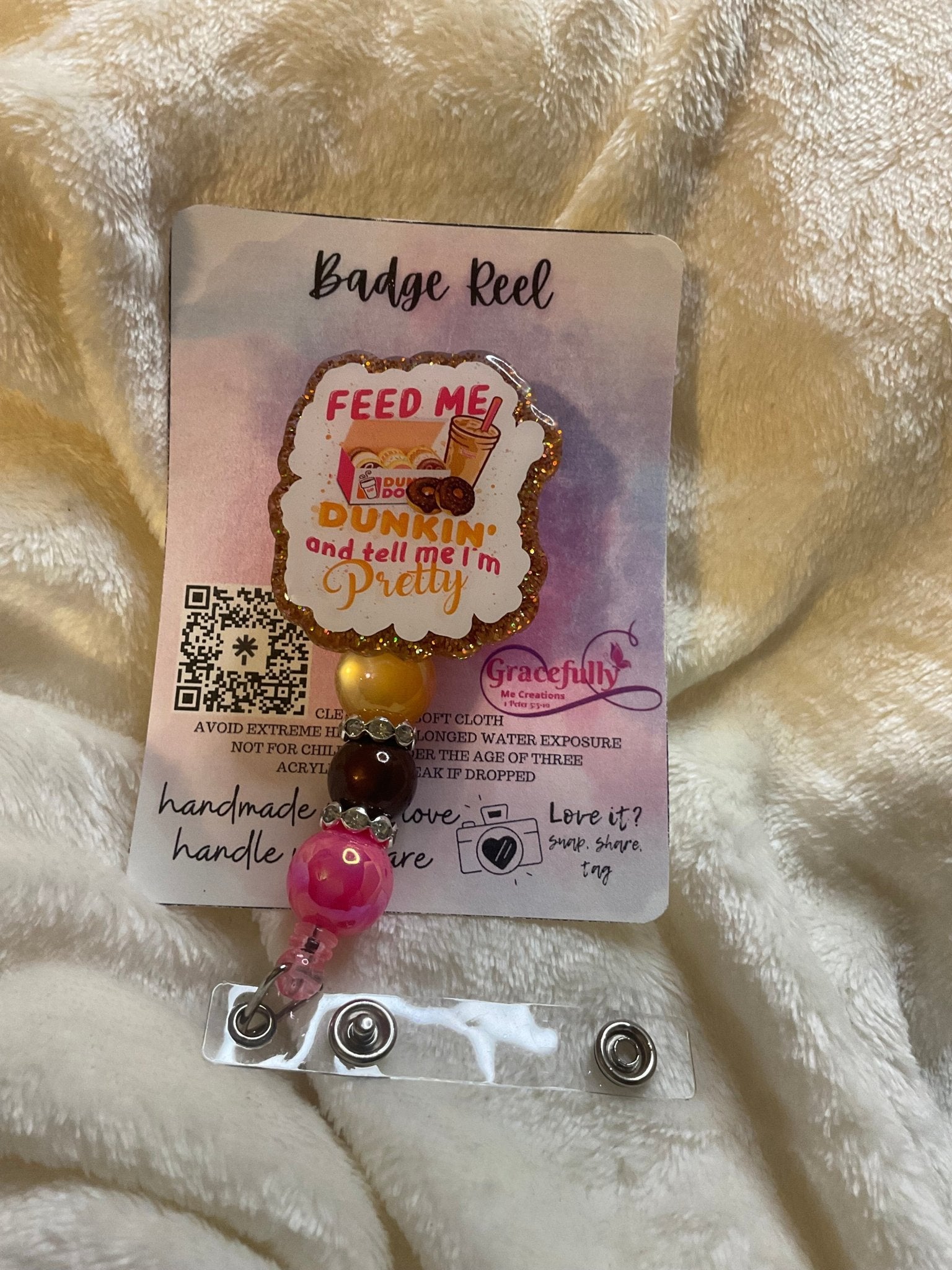 Dunkin' Badge Reel: Feed Me Funny Handmade Retractable ID Holder