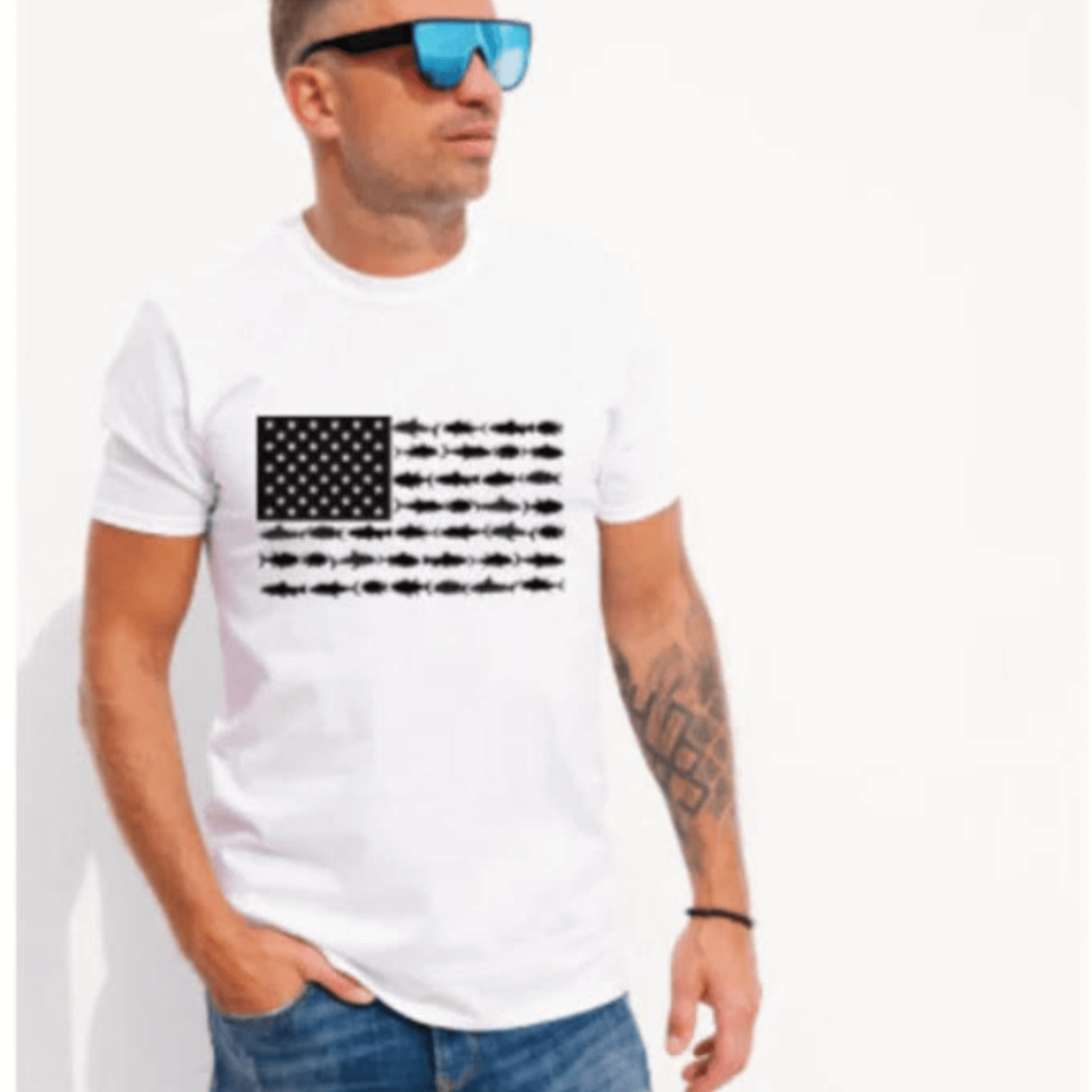 Front view of Mississippi handmade Fisherman's American Flag patriotic T-shirt in white – Southern handmade fishing lifestyle and American pride apparel

