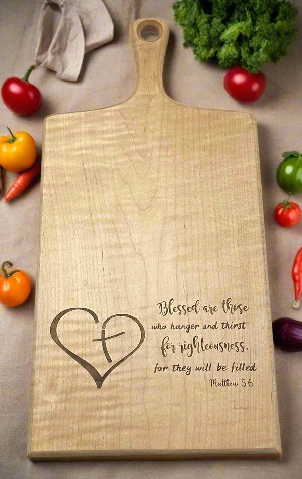 Curly Maple Charcuterie Board: Christian Engraved Verse. Faithful Woodworks Handmade Gift. Food Safe Kitchen Decor.