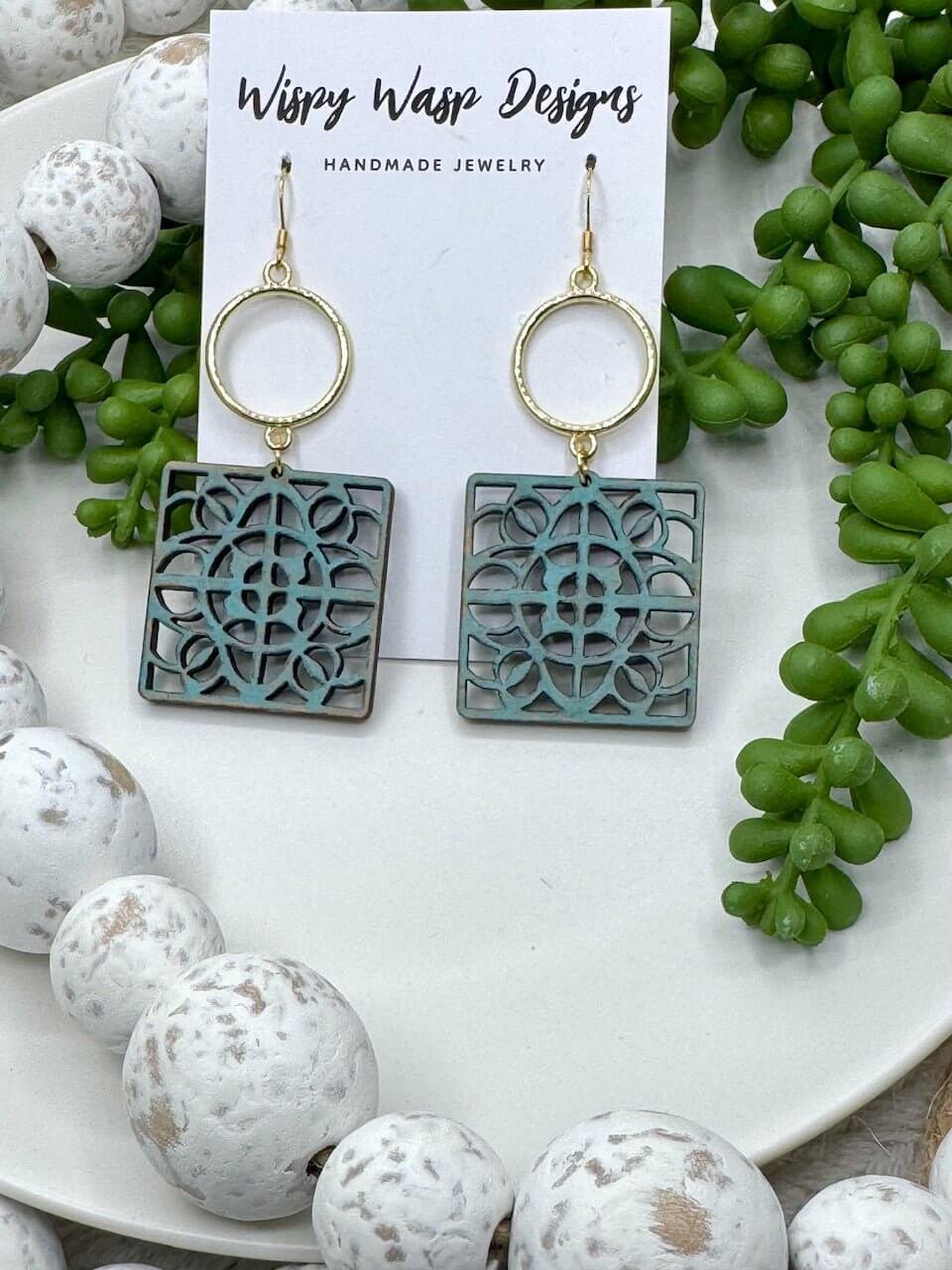 Wispy Wasp handmade wood earrings: Distressed boho geometric design. Lightweight & hypoallergenic. Modern jewelry.