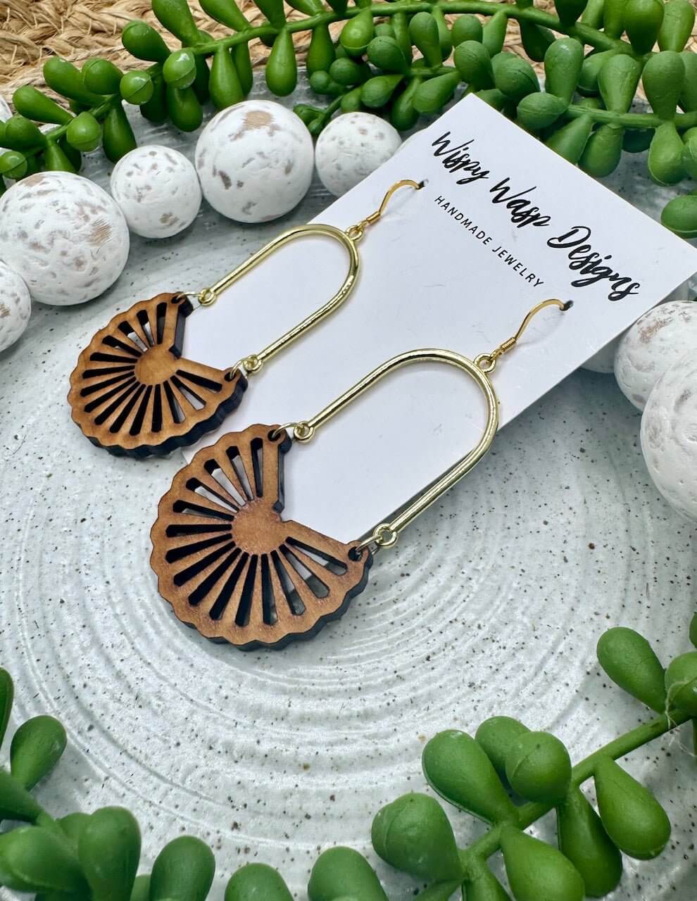 `Wood Earrings Handmade Jewelry Gold Earrings Walnut Lightweight Fashion`