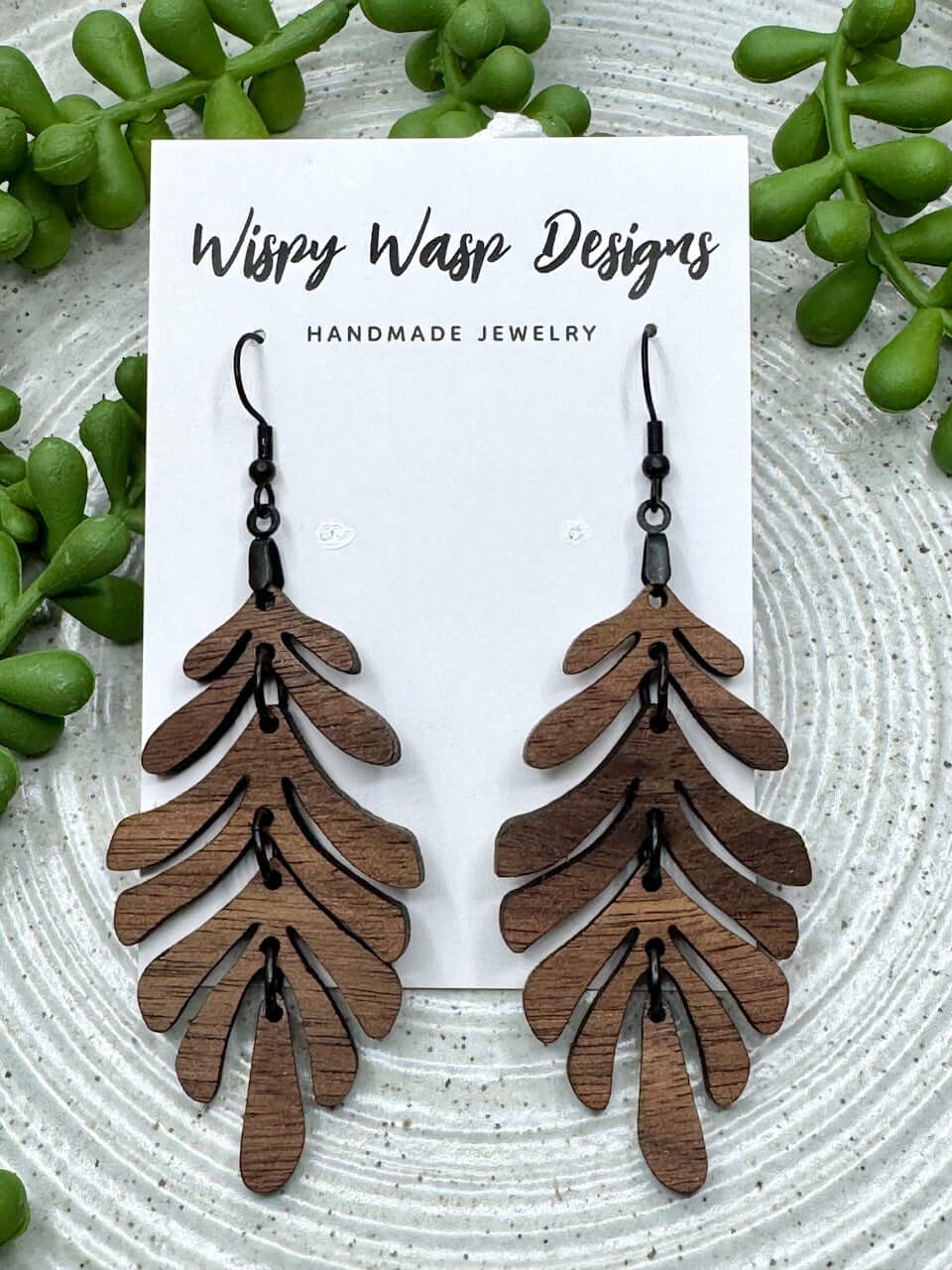 Walnut Wood Leaf Earrings | Handmade Jewelry by Wispy Wasp Designs | Nature-Inspired, Lightweight, Hypoallergenic