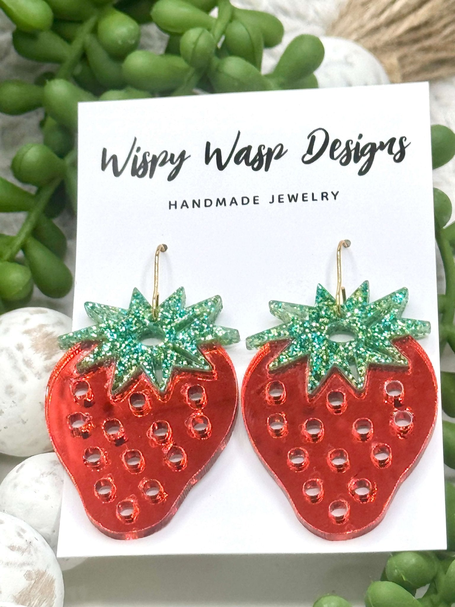 Strawberry Earrings - Handmade Glitter Acrylic Jewelry by Wispy Wasp Designs
