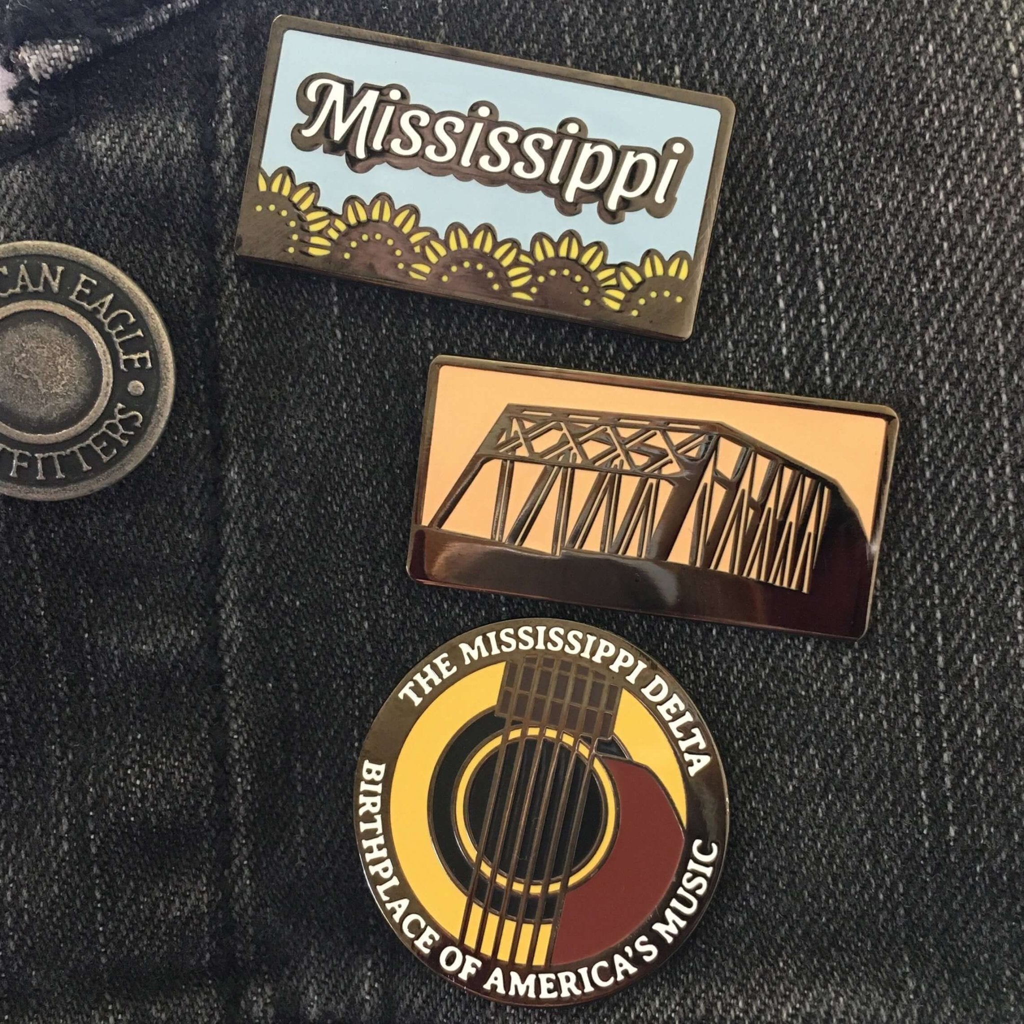 Mississippi Pins: Keesler Bridge & Delta Music Guitar Enamel Pins - Shop Local!