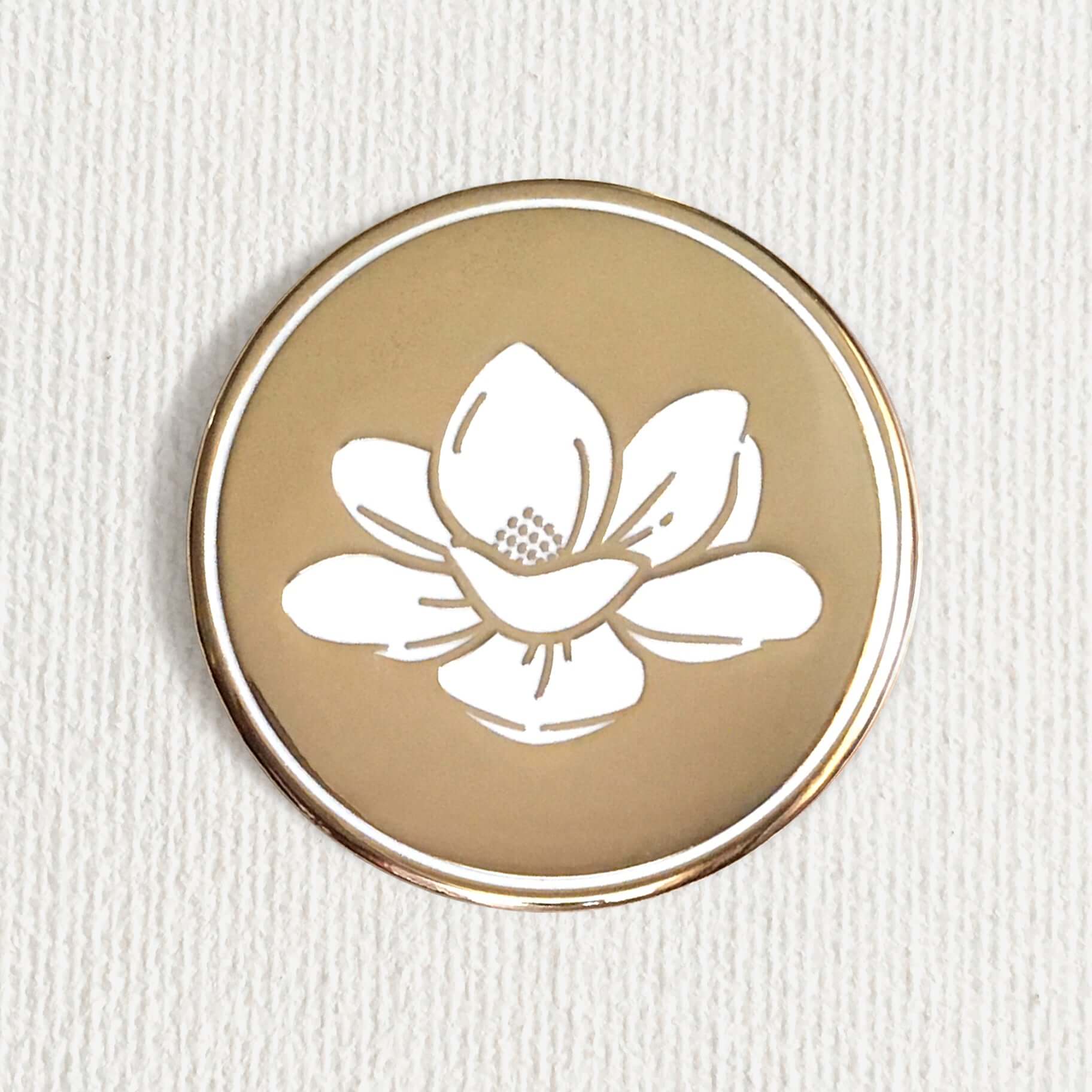 Mississippi Magnolia Enamel Pin - Gold Plated Flower Pin on Textured White Background - Handmade Gift, Collectible