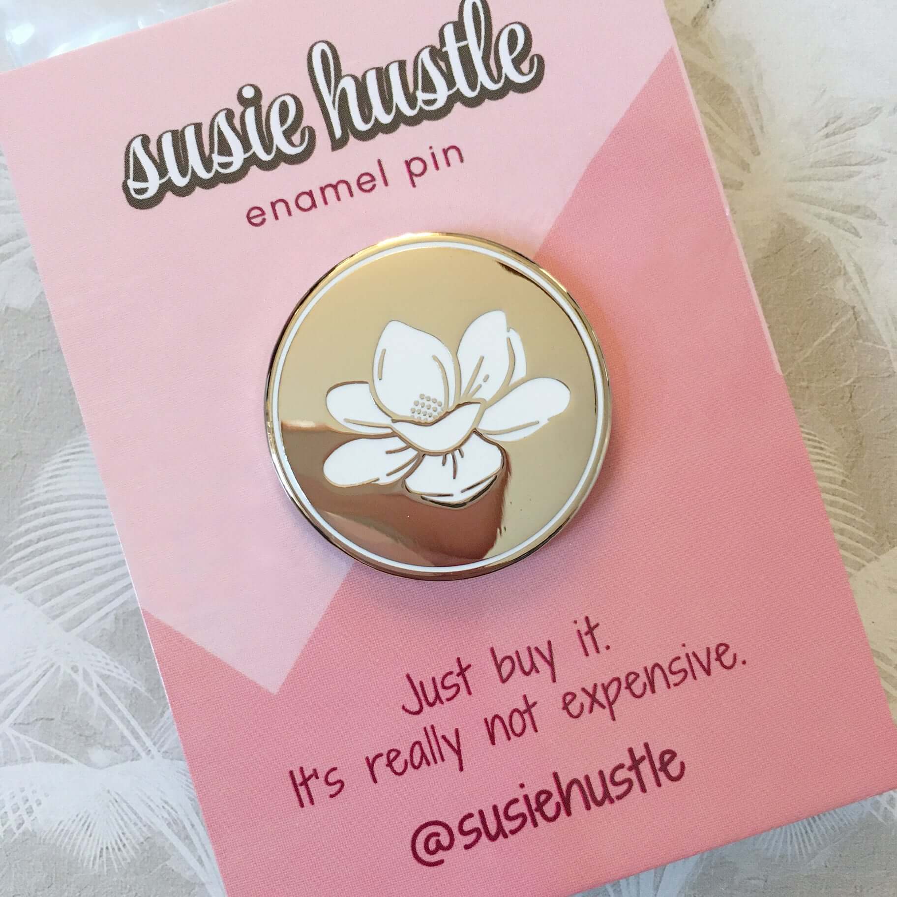Magnolia Pin: Mississippi Flower Enamel Pin by Susie Hustle. Gold and White Lapel Pin Gift