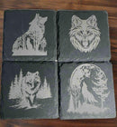 Mississippi handmade gift – set of 4 slate coasters with laser engraved wolves by Faithful Woodworks, rustic nature-inspired decor.