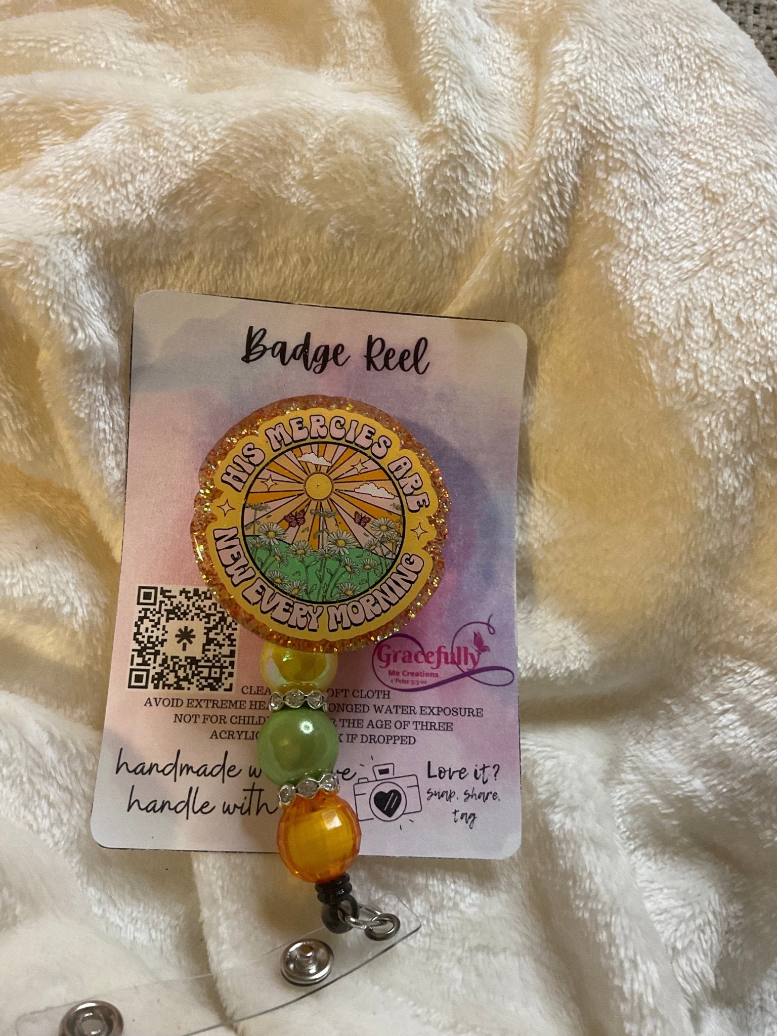 His Mercies Badge Reel, Christian, Handmade in Mississippi by Gracefully Me Creations. Retractable ID holder for nurses & teachers.