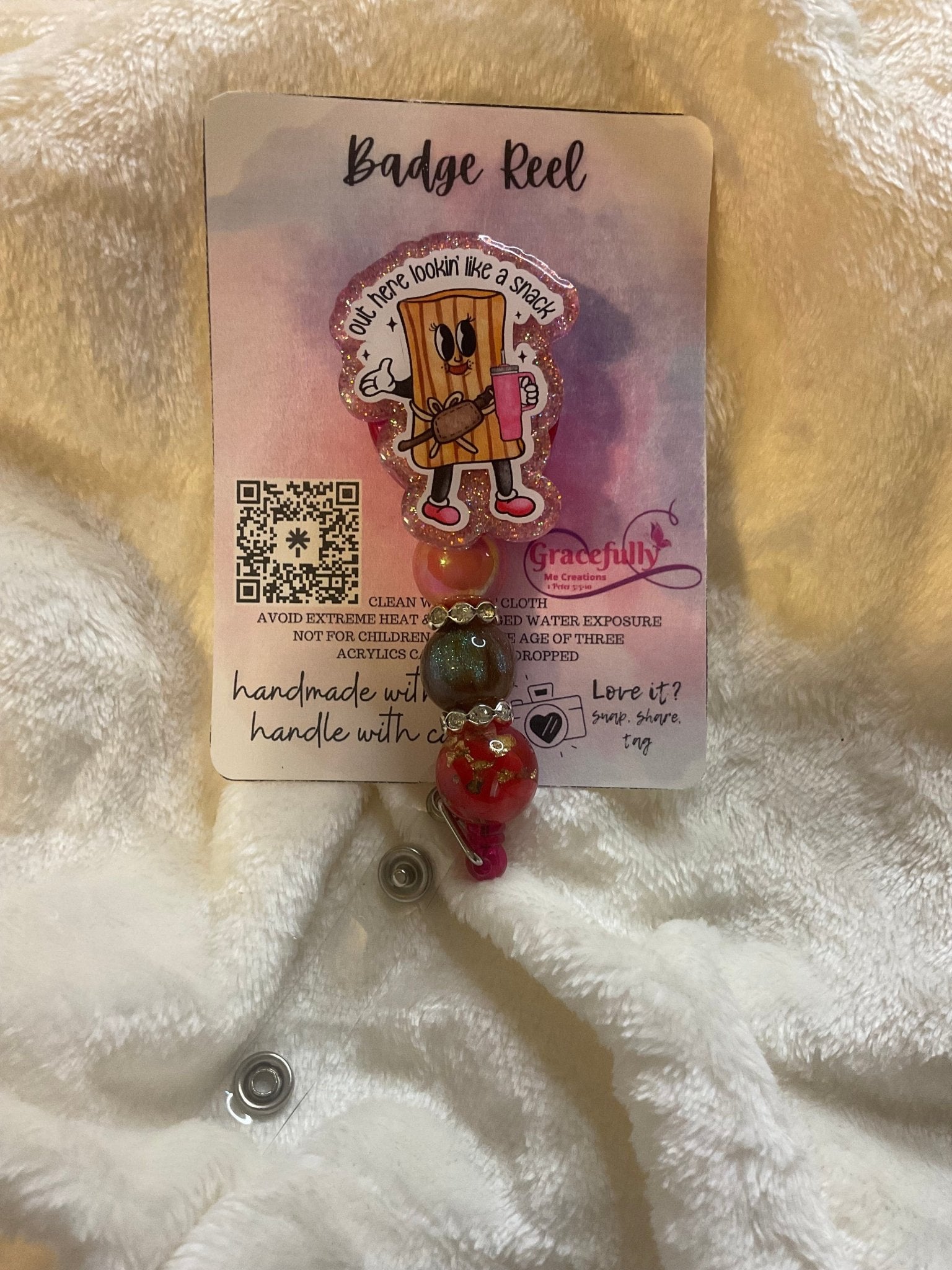 Snack Attack! Badge Reel: Cute & Funny. "Out here lookin' like a snack!" Handmade retractable badge reel. Shop Today!