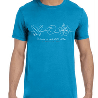 Front view of Mississippi handmade Still Waters Faith Christian T-shirt in sapphire blue – Mississippi handmade Christian T-shirt featuring Psalm 23:2
