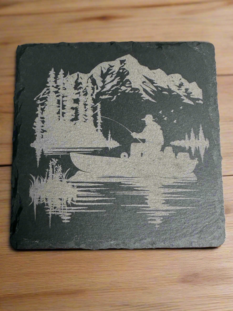 Fishing Coaster, Slate Coaster, Engraved Fisherman & Lake Scene by Faithful Woodworks