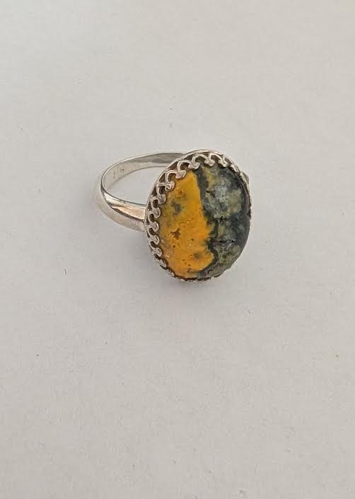 Bumblebee Jasper Ring: 925 Sterling Silver, Yellow & Black Stone, Size 8 - Handmade Jewelry