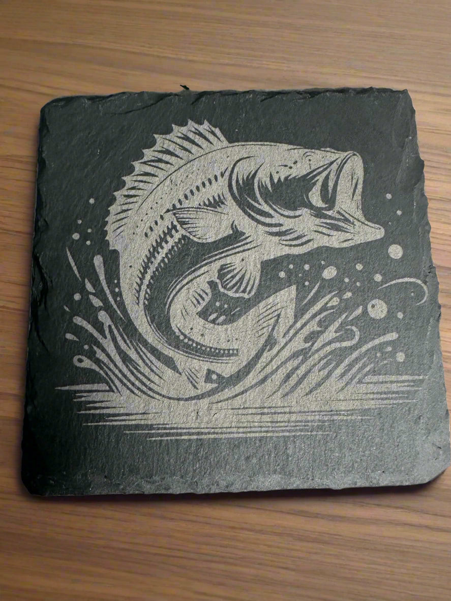 Engraved Bass Fish Slate Coaster: Mississippi Handmade Fishing Gift & Drink Coaster Set