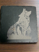 Nature-themed slate coaster – laser engraved wolf looking up, part of Mississippi handmade coaster set.