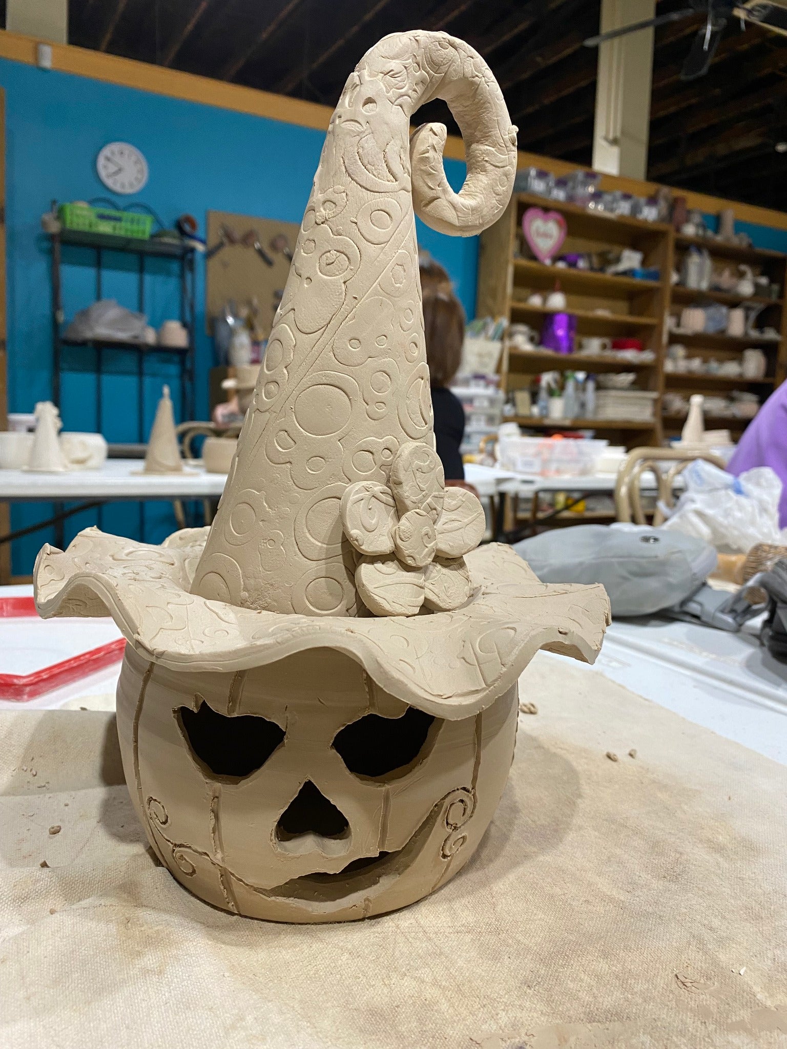 Handmade Ceramic Jack-o’-Lantern with Witch Hat - Pottery Studio Halloween Craft by Main Street Collective