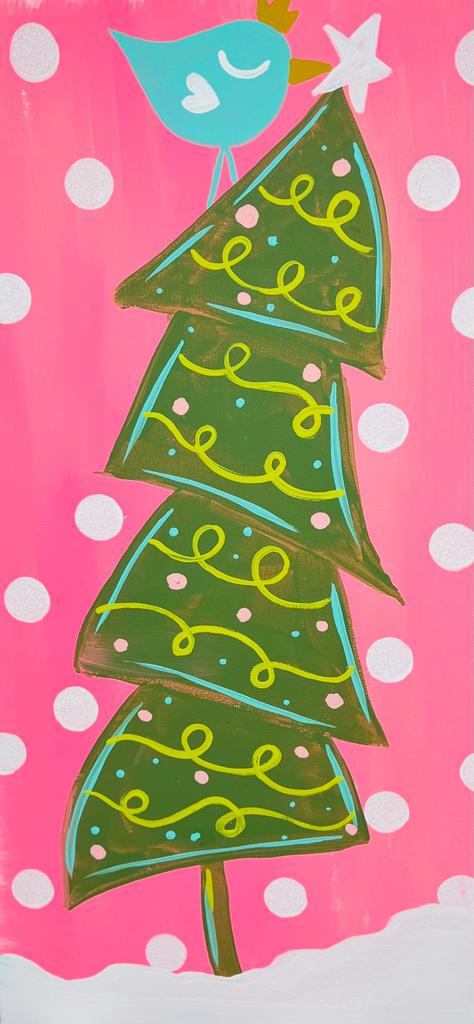 Whimsical Christmas Tree Painting Kit: Bird Topped Star, Pink Polka Dot DIY Canvas Art