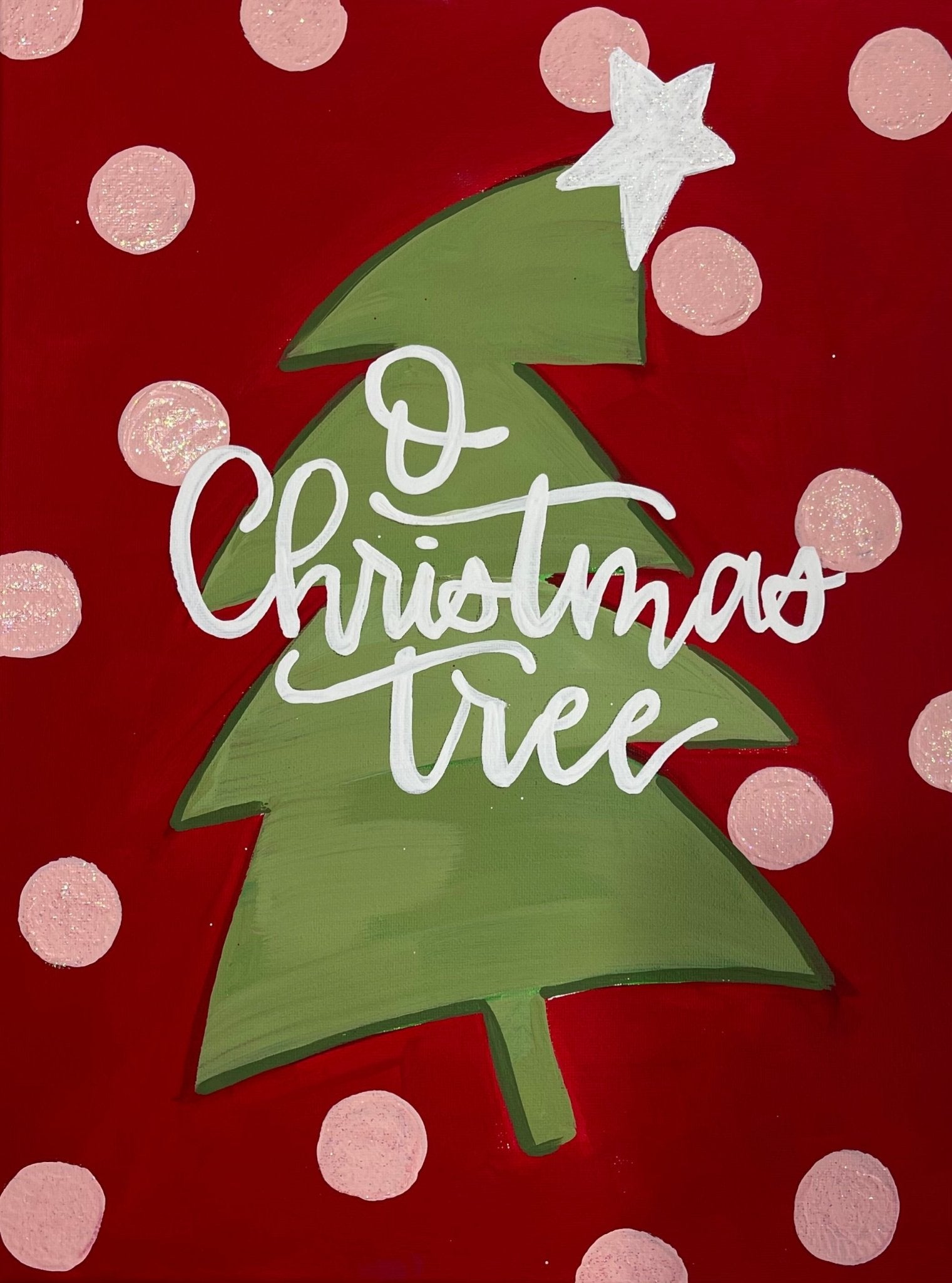 O Christmas Tree DIY Paint Kit: Red Background, Polka Dots, Handwritten Font.