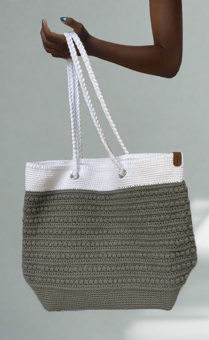 Handmade Crochet Tote Bag: Two-Tone Grey & White by Main Street Collective