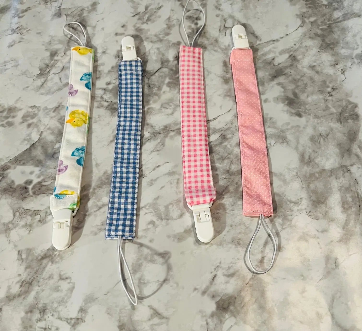 Handmade Baby Pacifier Holder Clip: Chick, Blue Gingham, Pink Gingham, Polka Dot Designs. Cotton Clips