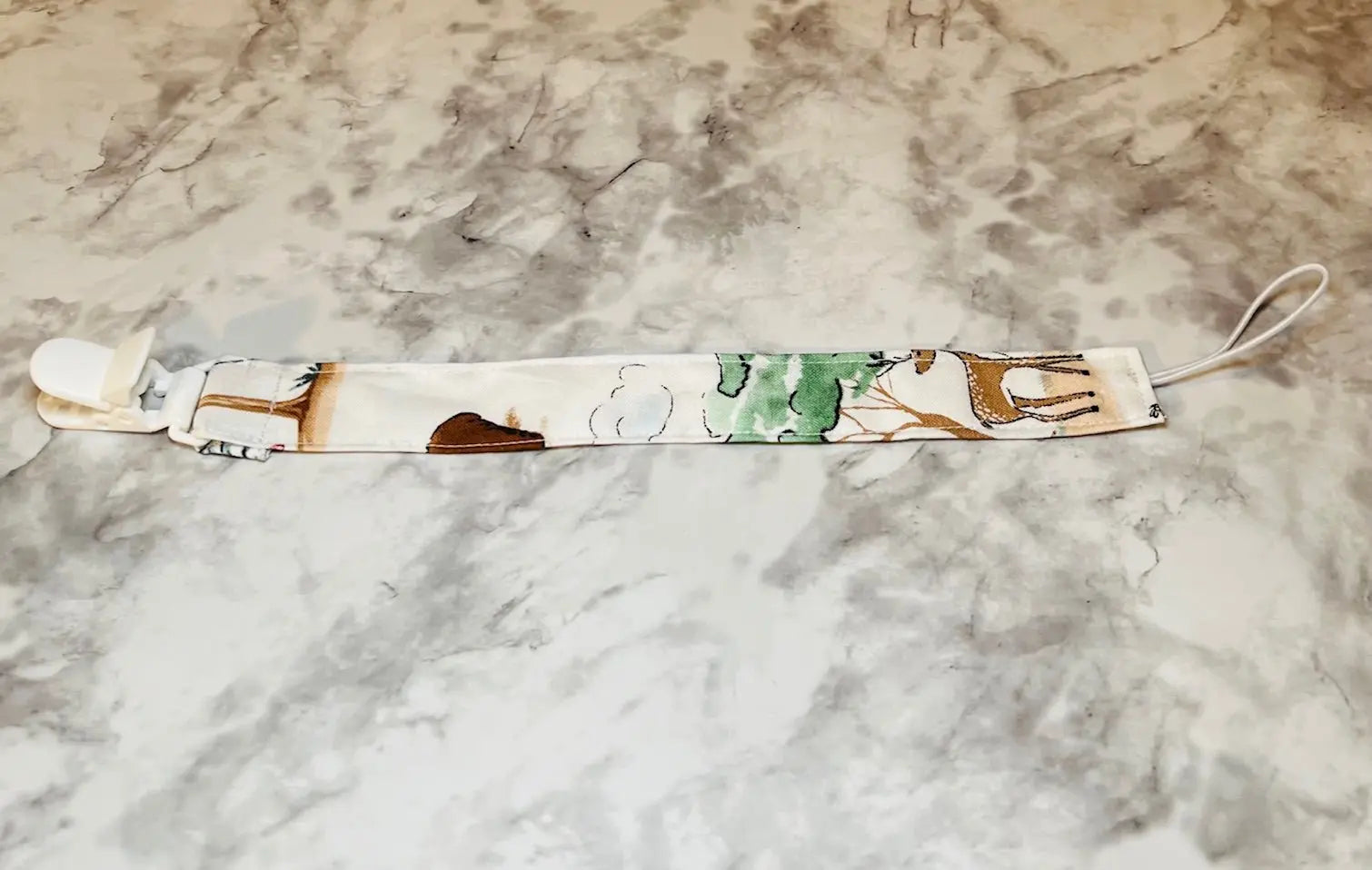 Woodland animal fabric pacifier clip by East Mississippi Creations handmade baby accessory.