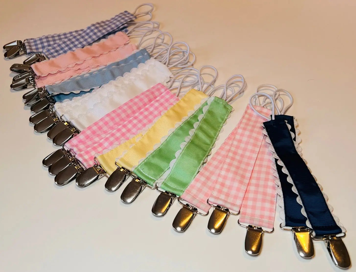 Handmade Pacifier Clips - East Mississippi Creations: Cute Cotton Pacifier Holders for Babies, Various Colors & Patterns, Metal Clips