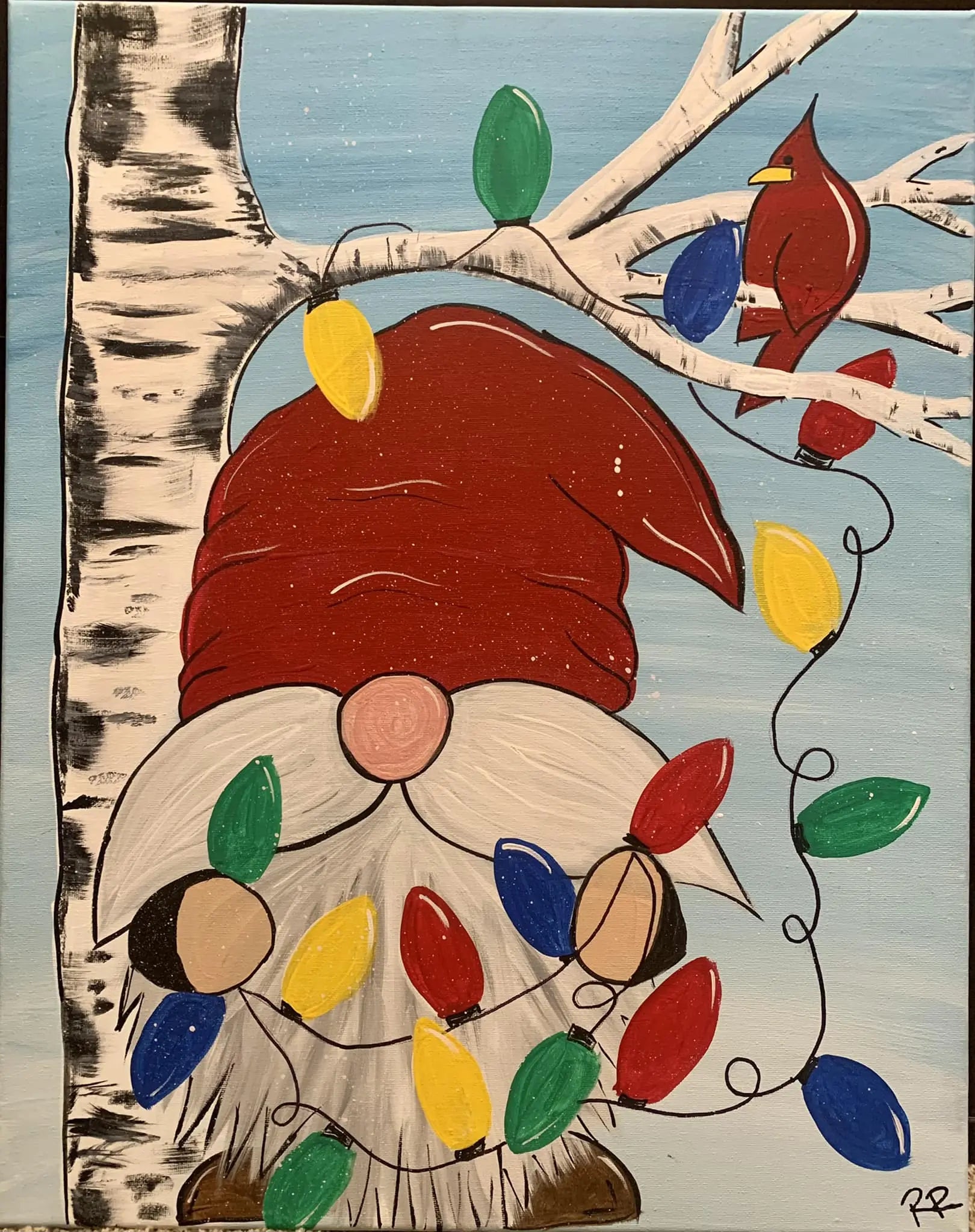 Christmas Gnome Painting: DIY Canvas Art Kit for Holiday Fun! Cute Gnome with Lights, Cardinal & Birch Tree.