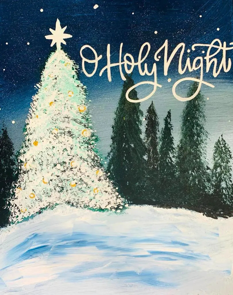 Christmas Painting: O Holy Night DIY Art Kit by Main Street Collective. Snowy winter scene with Christmas tree and stars.
