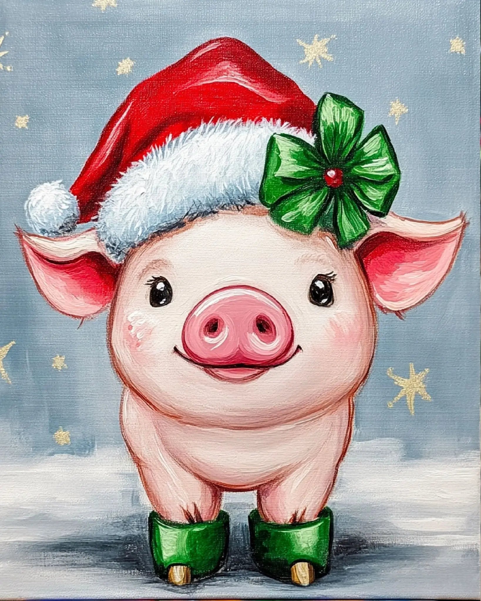 Cute Christmas Pig Painting: Piglet in Santa Hat with Green Booties