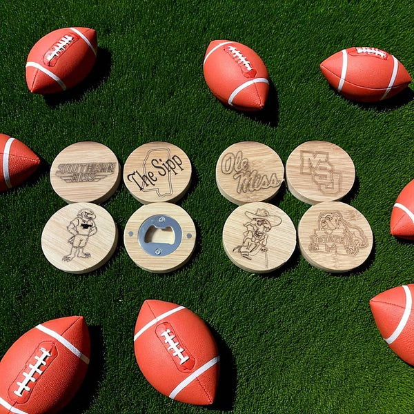 Custom Collegiate Bottle Openers: Southern Miss, Ole Miss, & MSU. Pocket-Sized, Magnetized. Main Street Collective