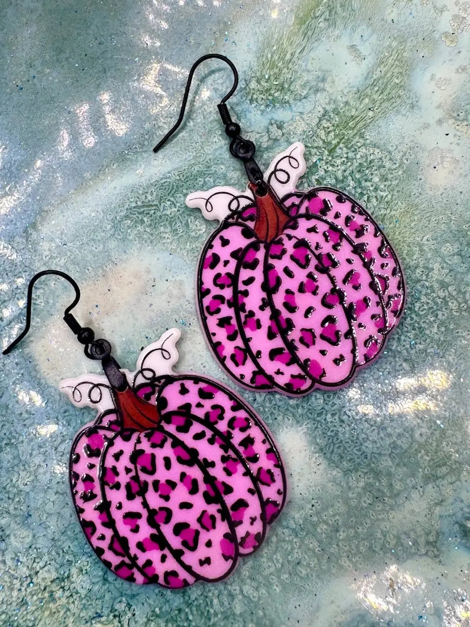 Pink Cheetah Pumpkin Earrings: Handmade Fall Fashion Accessory, Retro Leopard Print Style, Lightweight Halloween Jewelry by Wispy Wasp