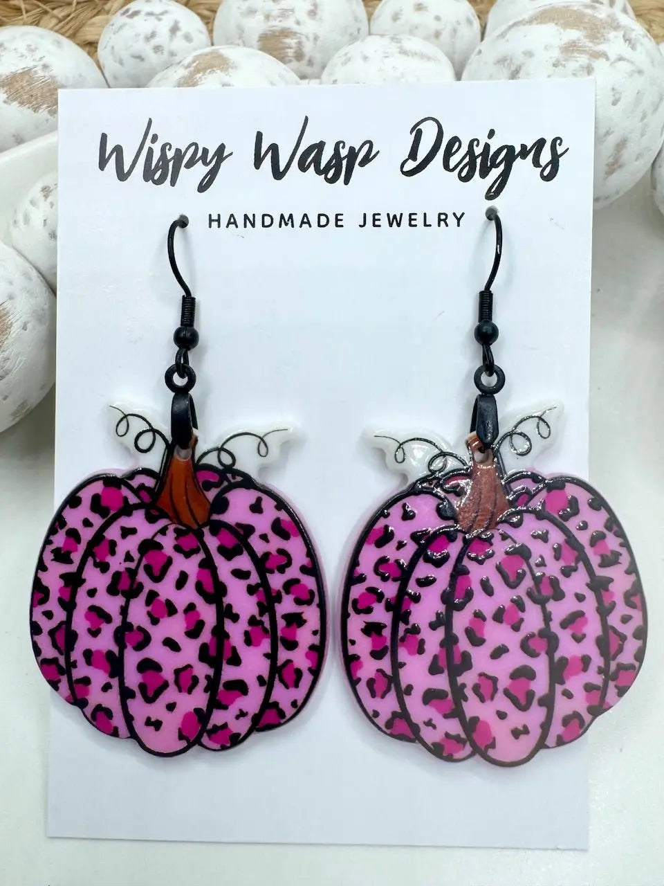 Pink Cheetah Print Pumpkin Earrings - Handmade Fall Jewelry by Wispy Wasp Designs