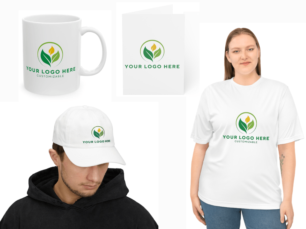 Customizable corporate kit: Mug, shirt, hat, card with logo. Branded merchandise for business gifts and employee onboarding.