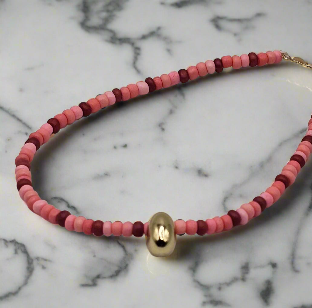 Full view of Pink Beaded Bracelet with Gold Accent by The Tween Space – Mississippi handmade gift