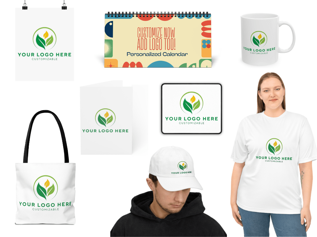 Branded promotional products: T-shirt, mug, bag, poster, calendar, card, hat, mousepad with custom logo design.