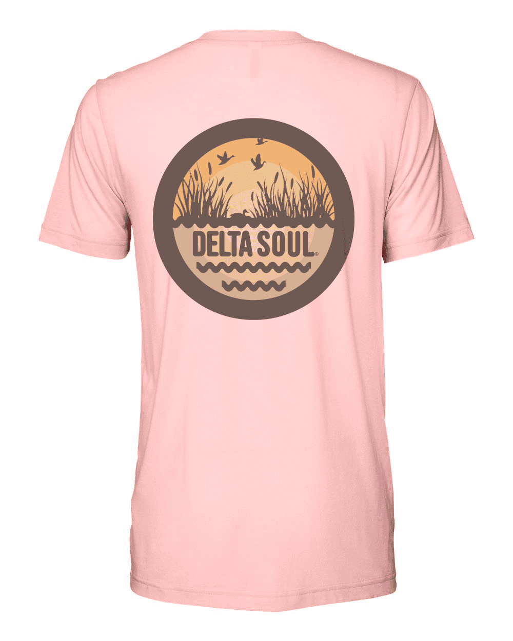 Delta Soul Ducks Tee: Mississippi landscape, flying ducks. Eco-friendly hunting T-shirt.