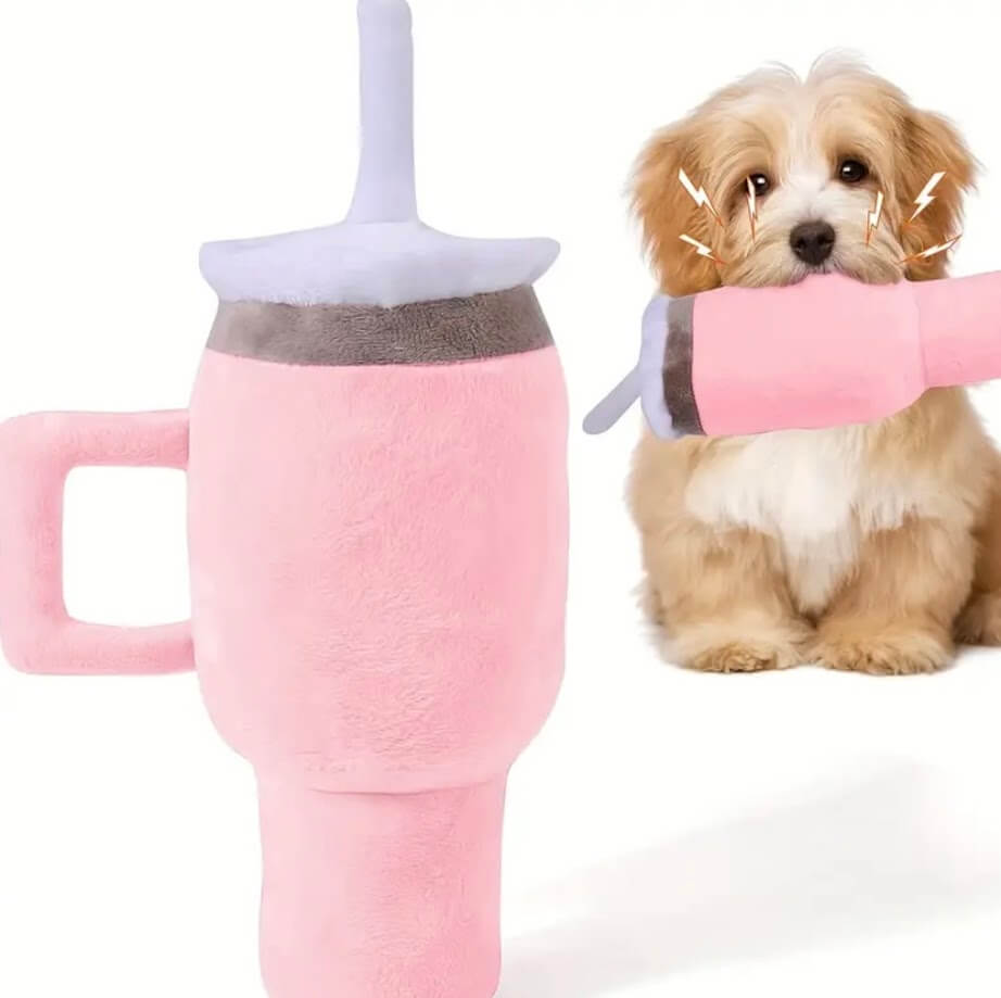 Pink Stanley cup dog squeaky toy curated by Coastal Couture Pet Boutique, playful pet accessory

