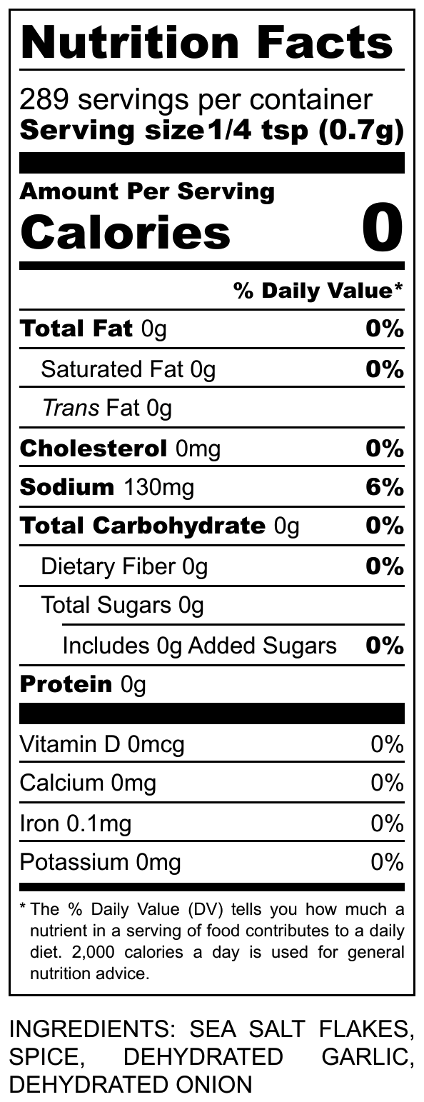 Nutrition Facts for Poultry Blend: Sea Salt, Spice, Dehydrated Garlic, Onion. Serving Size: 1/4 tsp (0.7g), 0 Calories.