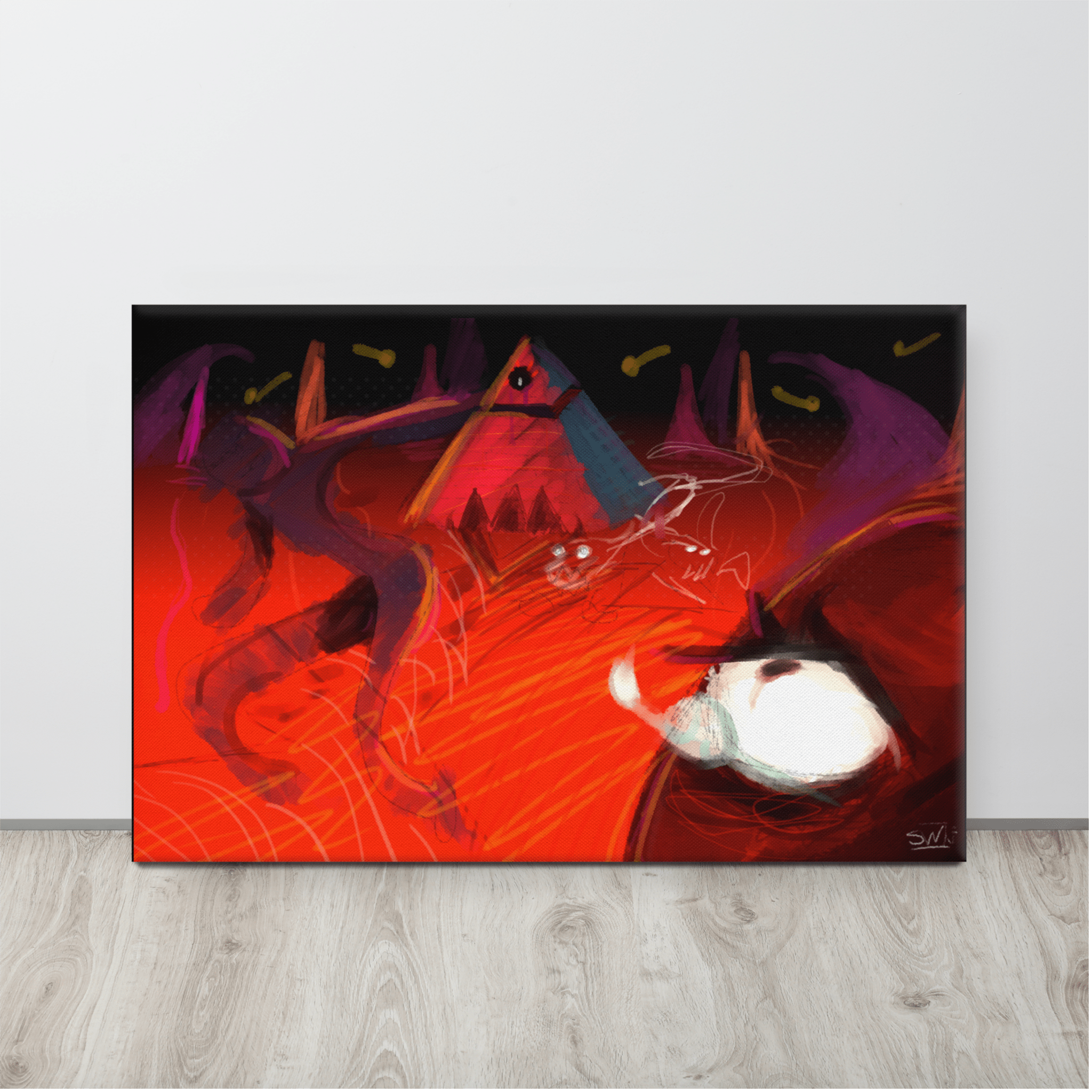 Power of the Empire Canvas Print by Viola Panther: Abstract surreal painting with pyramid, eyes, and red energy.