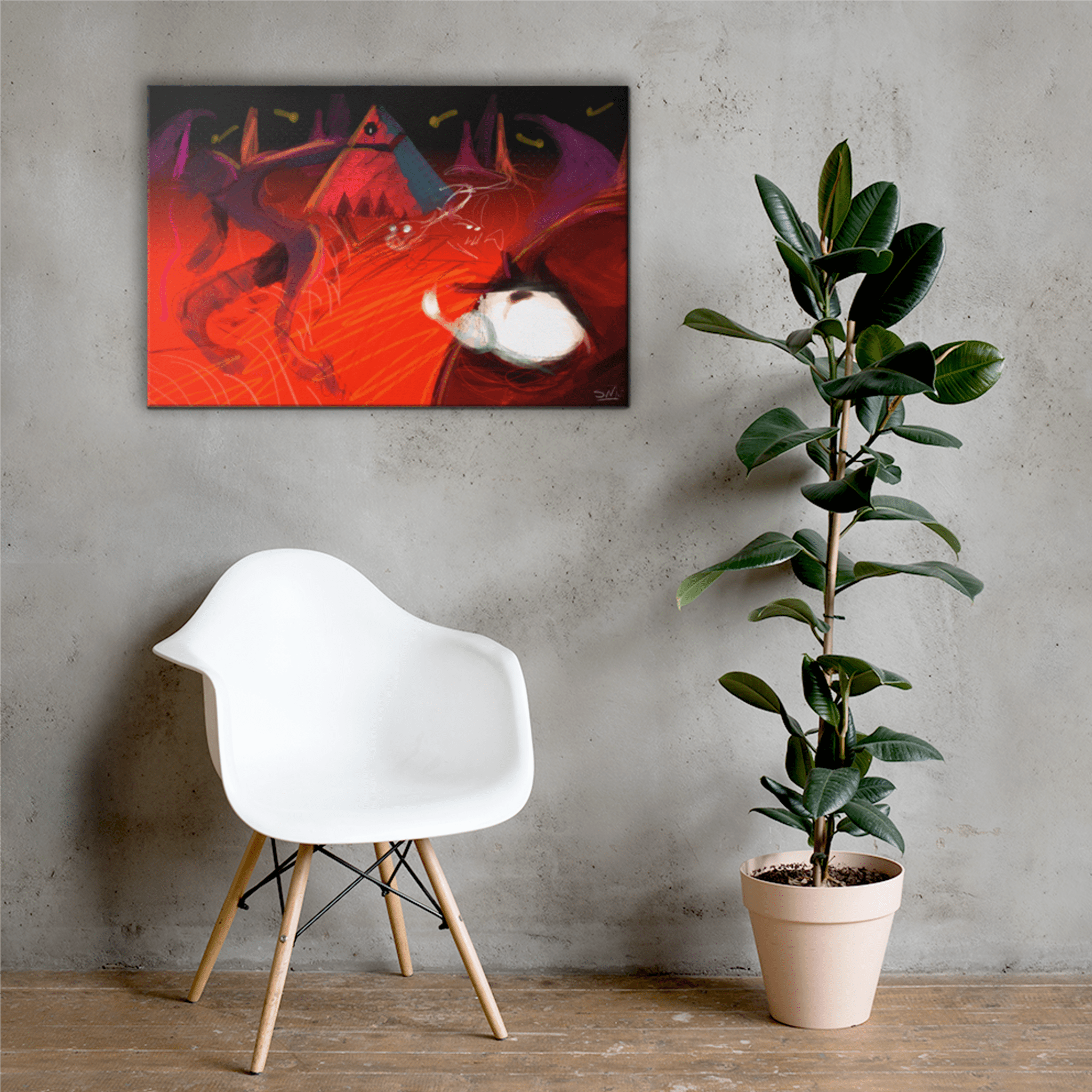 POWER OF THE EMPIRE Abstract Art Canvas Print by Viola Panther - Crimson, Purple, Glowing Pyramid