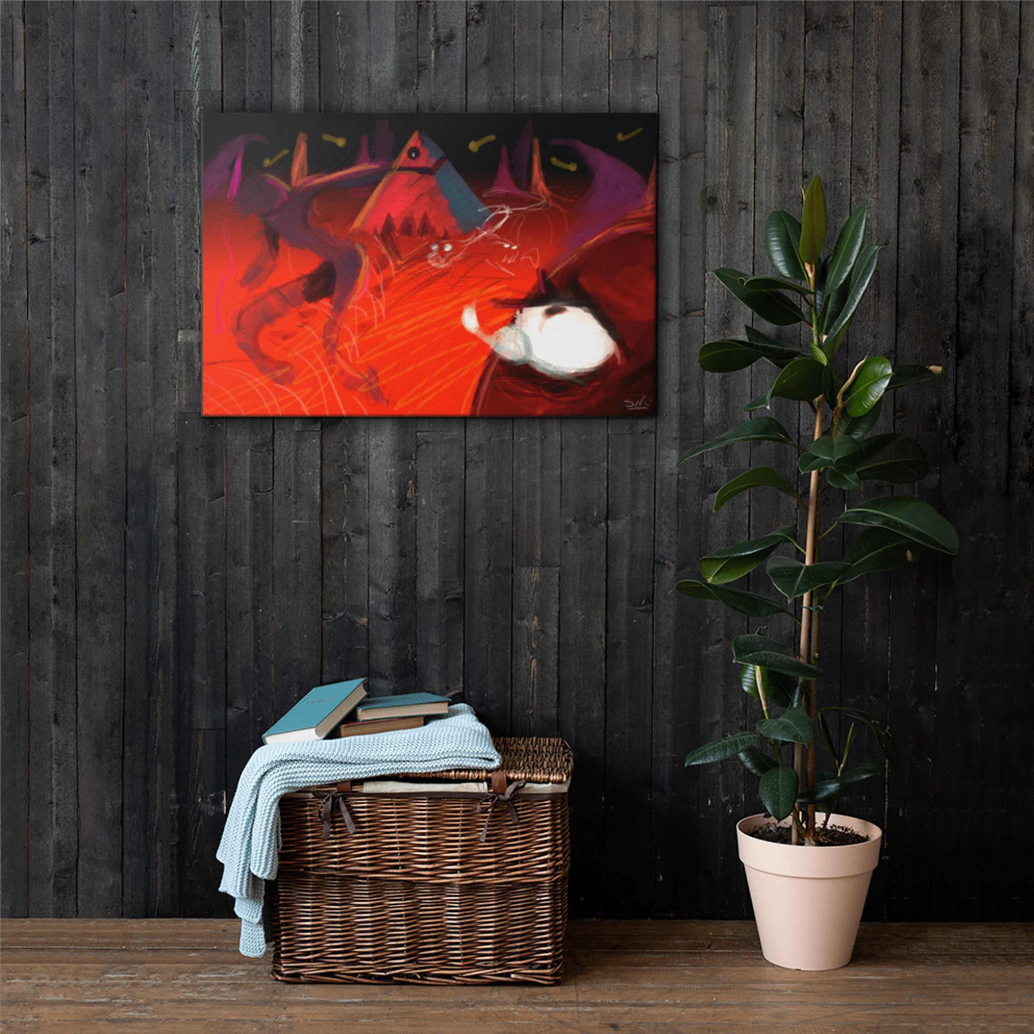 Abstract "POWER OF THE EMPIRE" canvas print on a dark wood wall. Red energy and dark figures art by Main Street Collective.