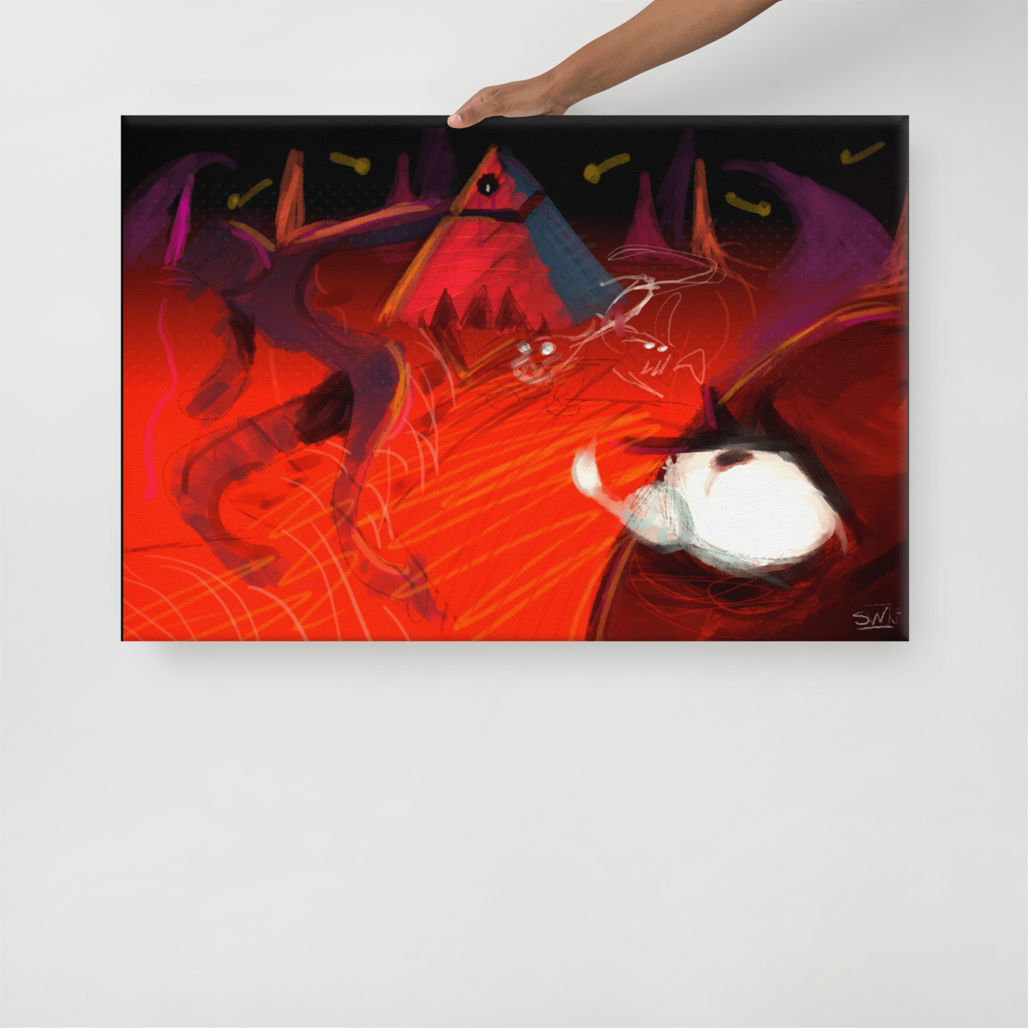 Abstract Canvas Art: Chaotic Red Pyramid, Modern Painting Print by Viola Panther, Main Street Collective