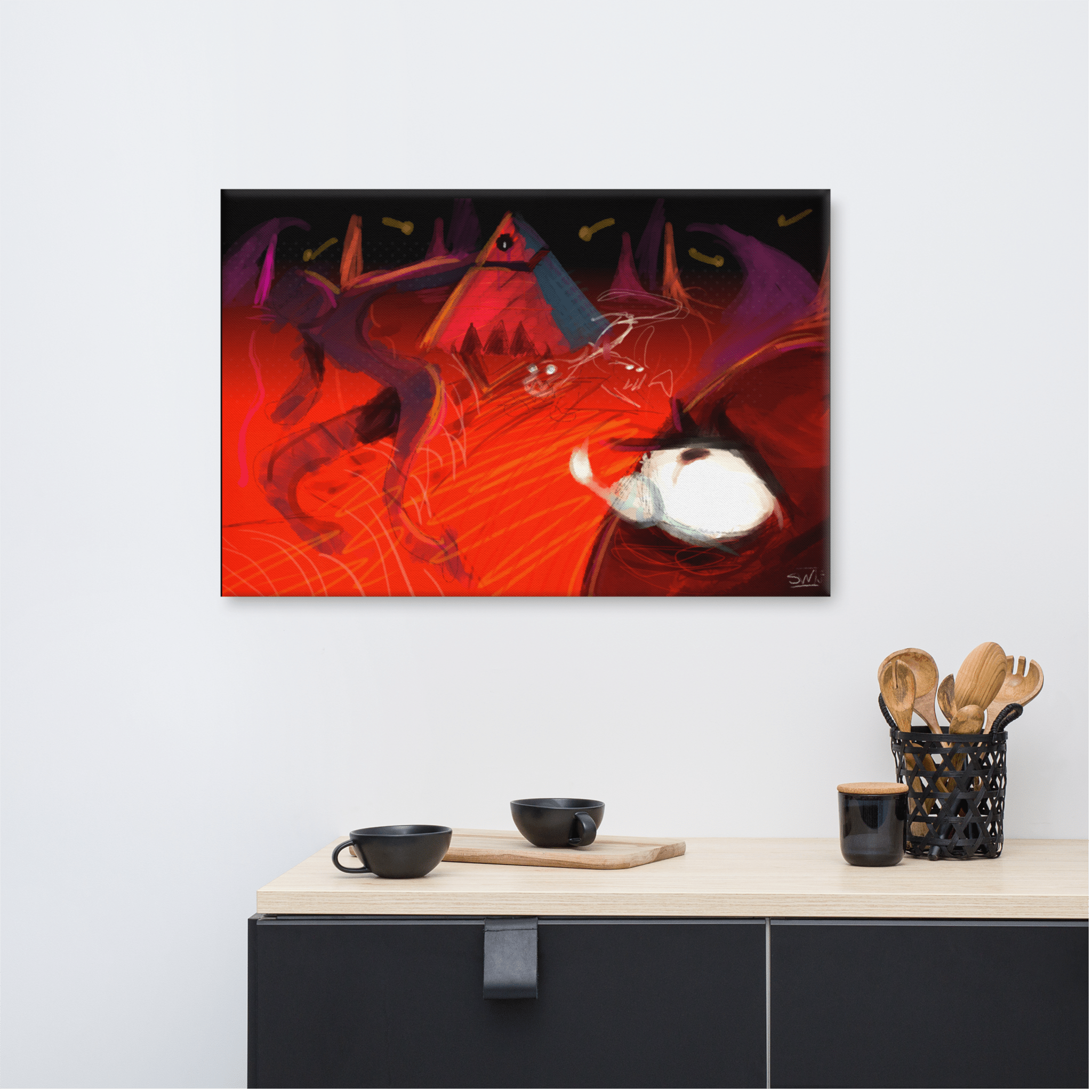 "POWER OF THE EMPIRE" Canvas Print | Main Street Collective: Abstract art with reds, purples, pyramid & shadows