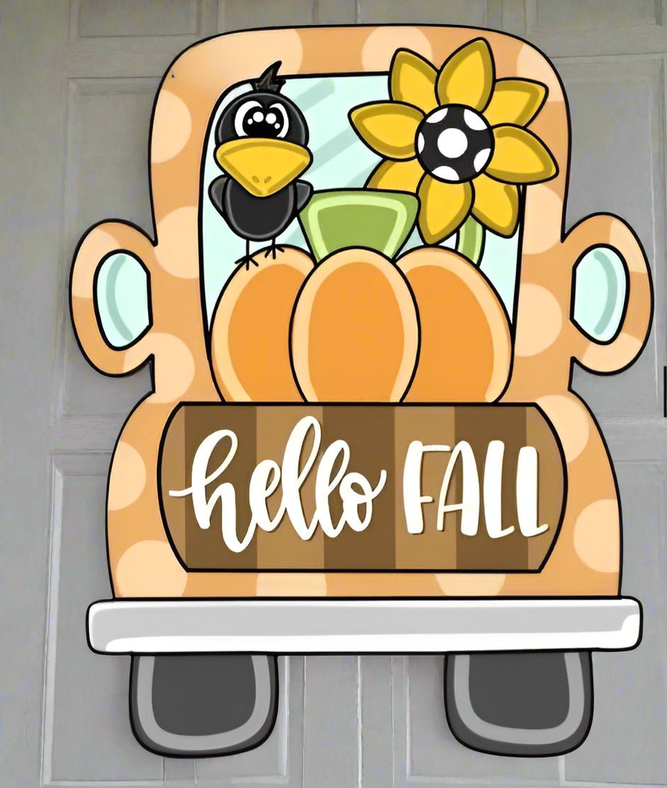 Fall Door Hanger Workshop Promo: Cute truck with pumpkins, crow, sunflower. Paint your own at Boho Biloxi Social House!