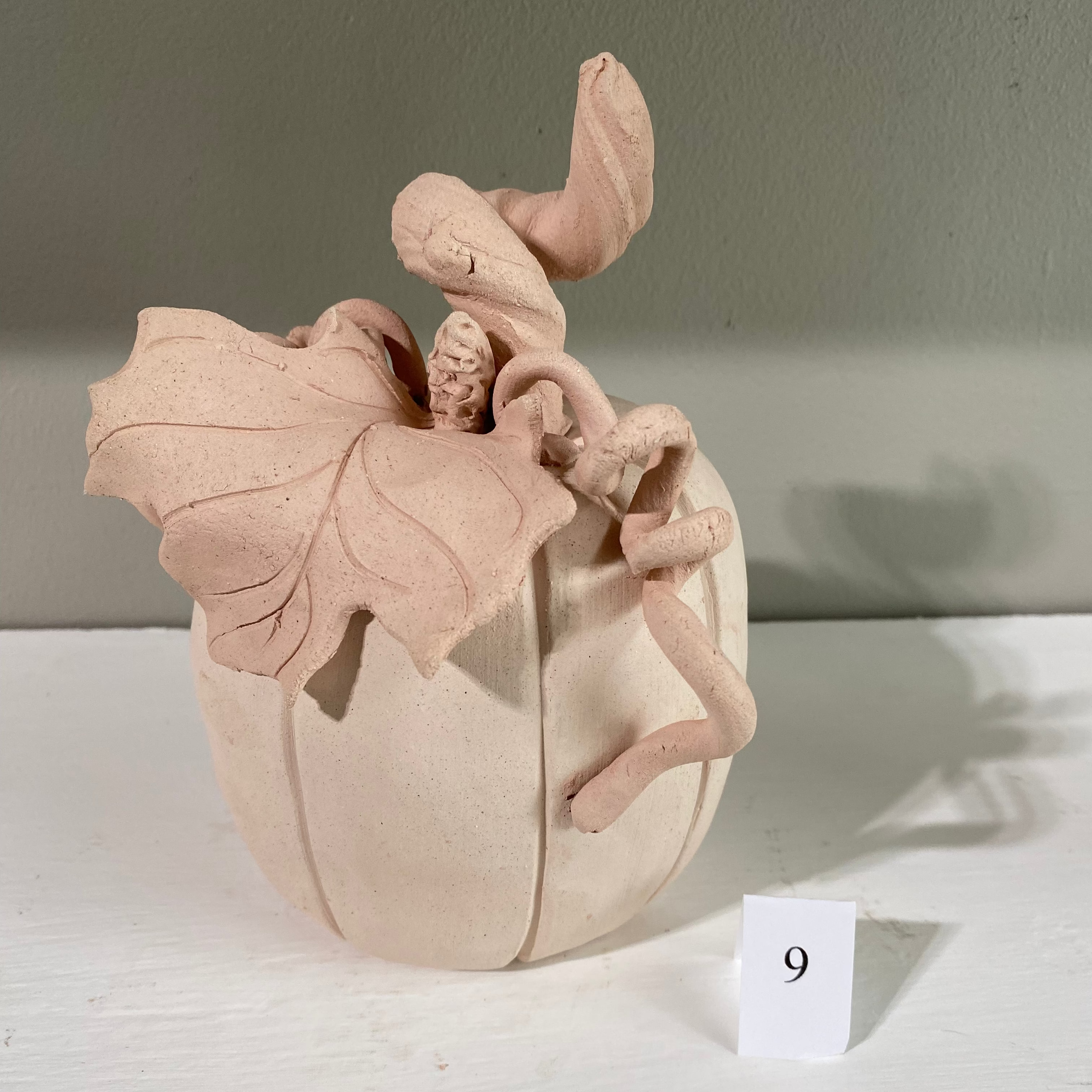 Handmade Pottery Pumpkin | Fall Decor | Pinch Pot | Unglazed with Leaf and Vines | Number 9