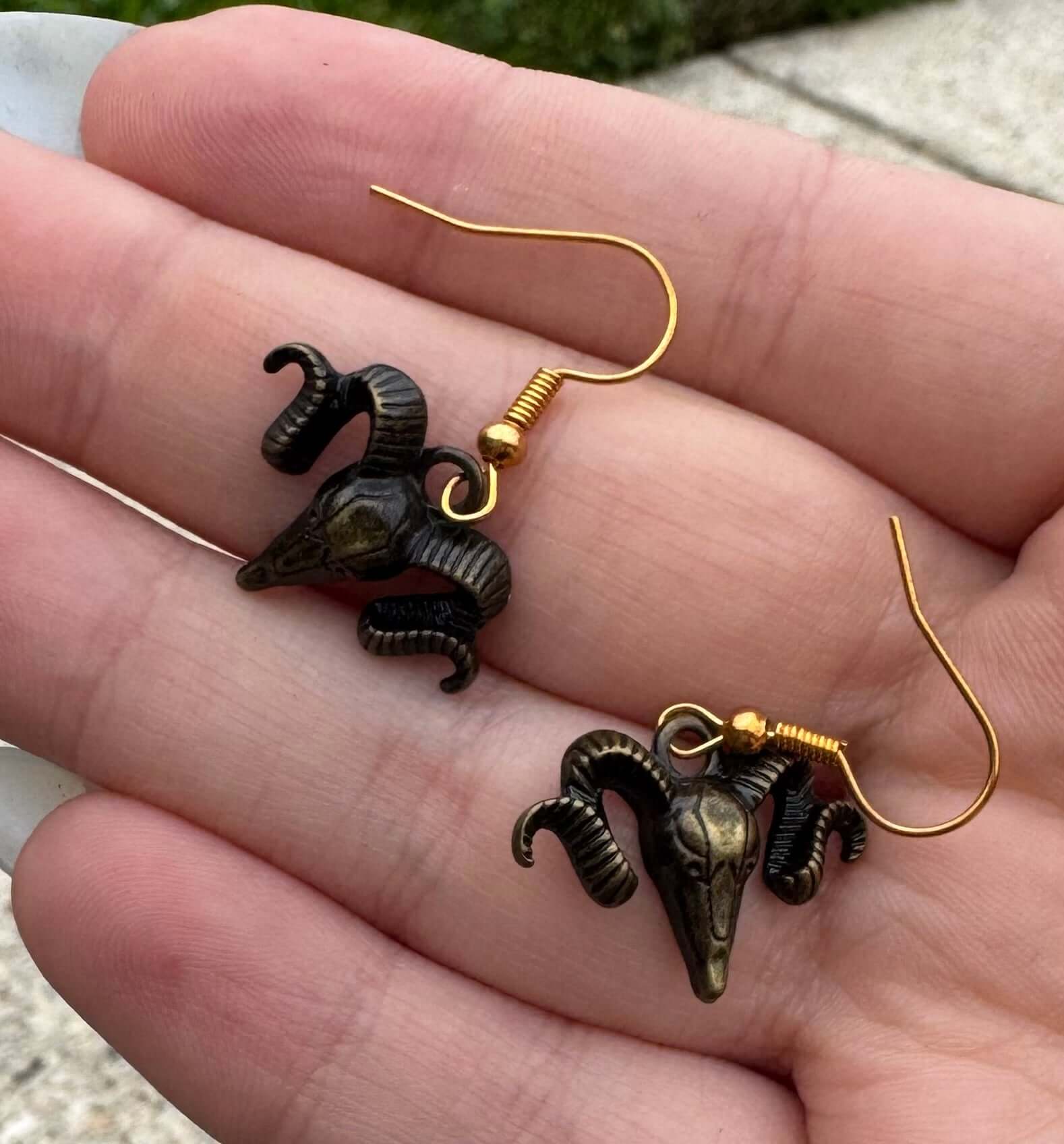 Ram Skull Earrings - Brass Detail, Gothic Jewelry, Mushroom Lady Co. Handmade in Mississippi