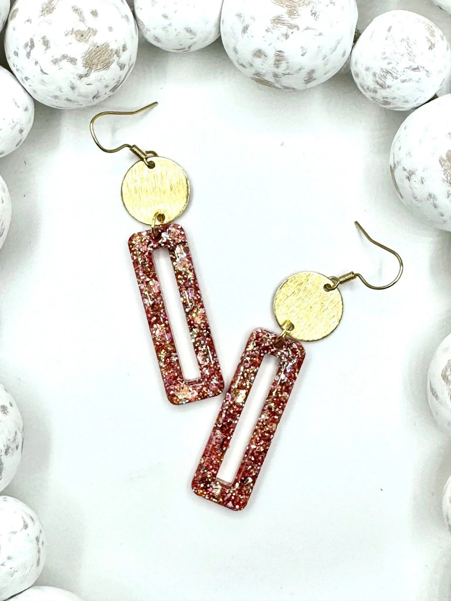 Gold Circle & Pink Sparkle Rectangle Earrings | Handmade Drop Earrings by Main Street Collective