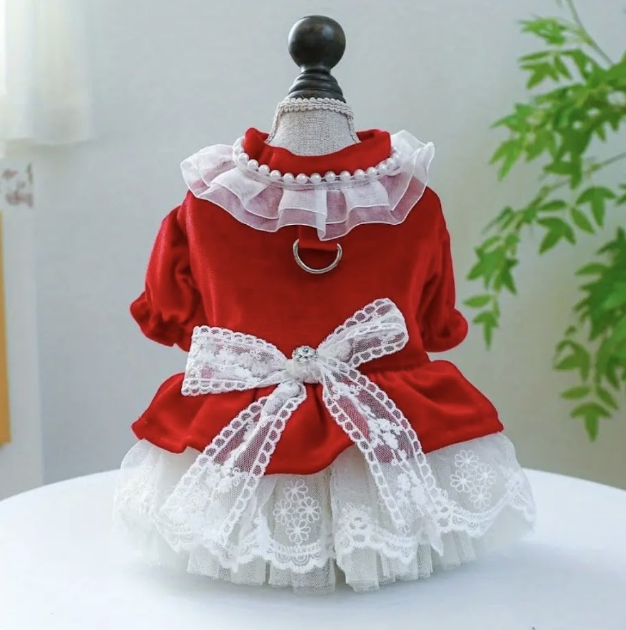 Red Velvet Dog Dress with Lace Bow & Pearls | Christmas & Valentine's Day Outfit