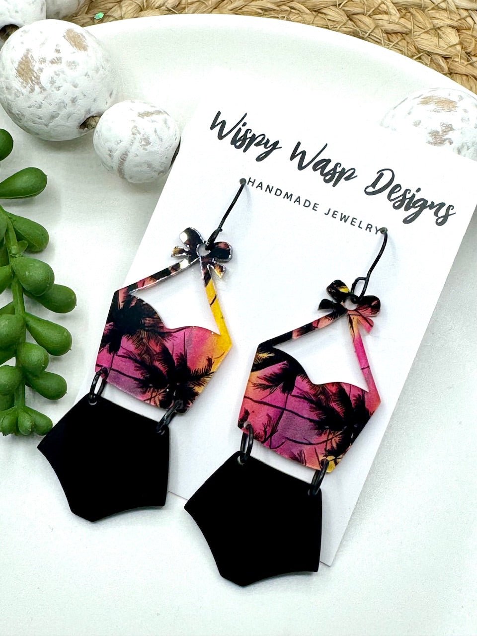 Palm Tree Sunset Earrings: Wispy Wasp Handmade Acrylic Retro Swimsuit Earrings. Lightweight, Hypoallergenic Fashion for Women.