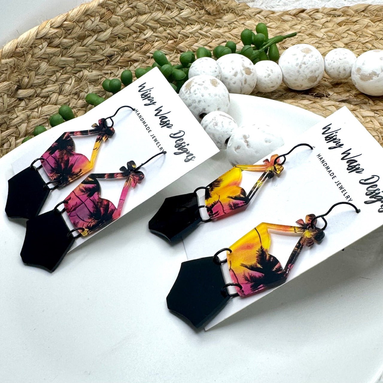 Wispy Wasp Swimsuit Earrings: Handmade Retro Palm Tree Earrings - Mississippi Handmade Summer Jewelry