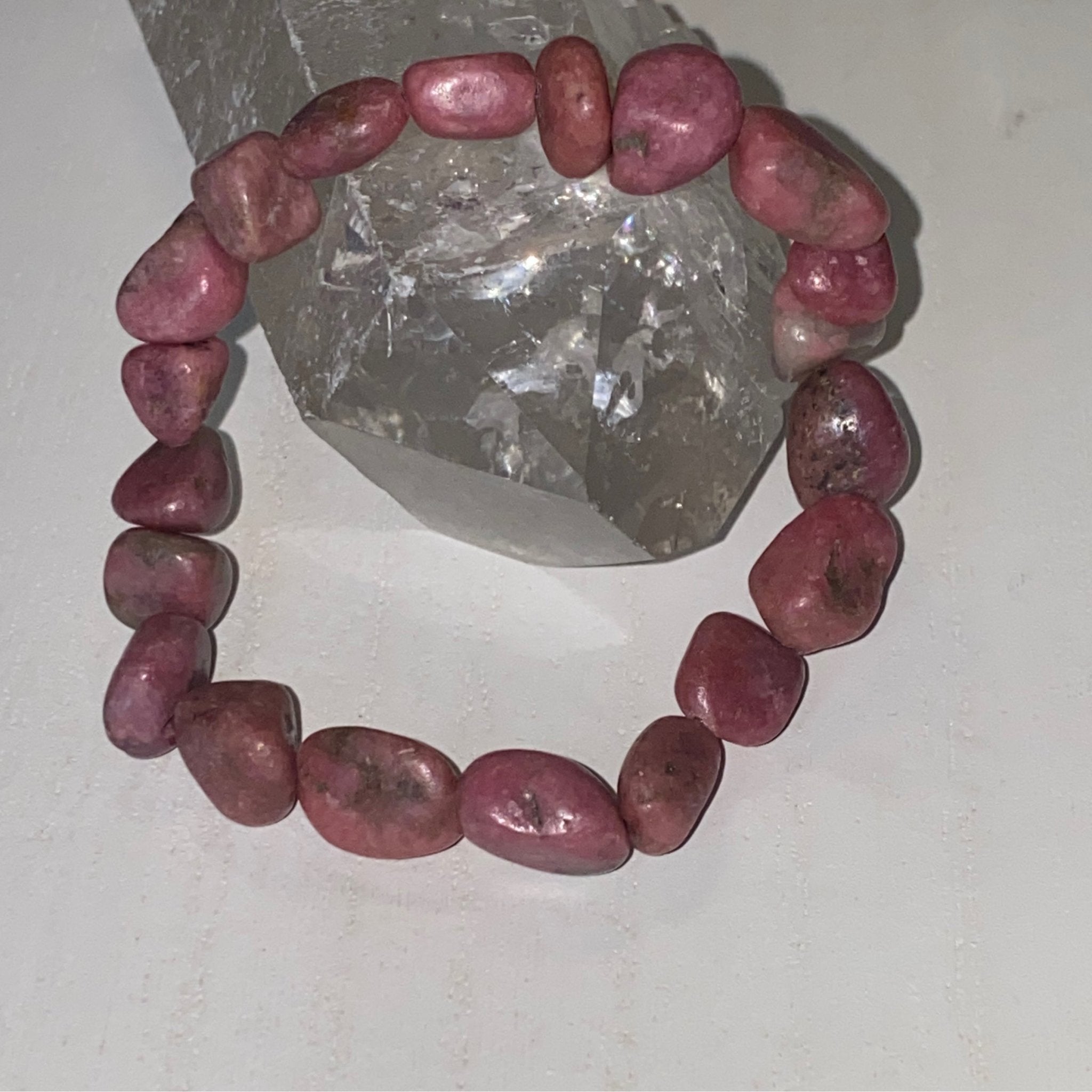 Handmade Rhodochrosite bracelet with pink and white natural gemstone beads from Hands of Earth Energy